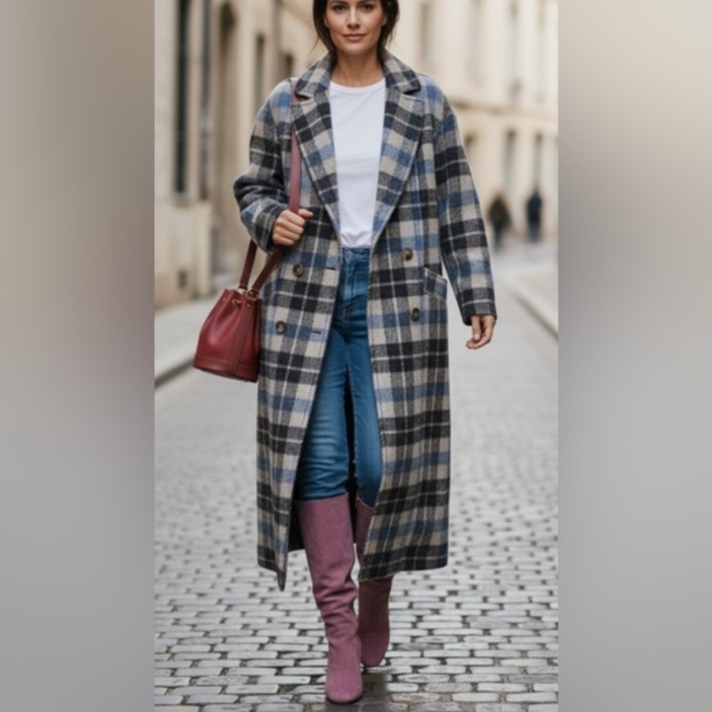 Sézane Viktor Long Wool Coat in Prairie Check NWT - Picture 2 of 11